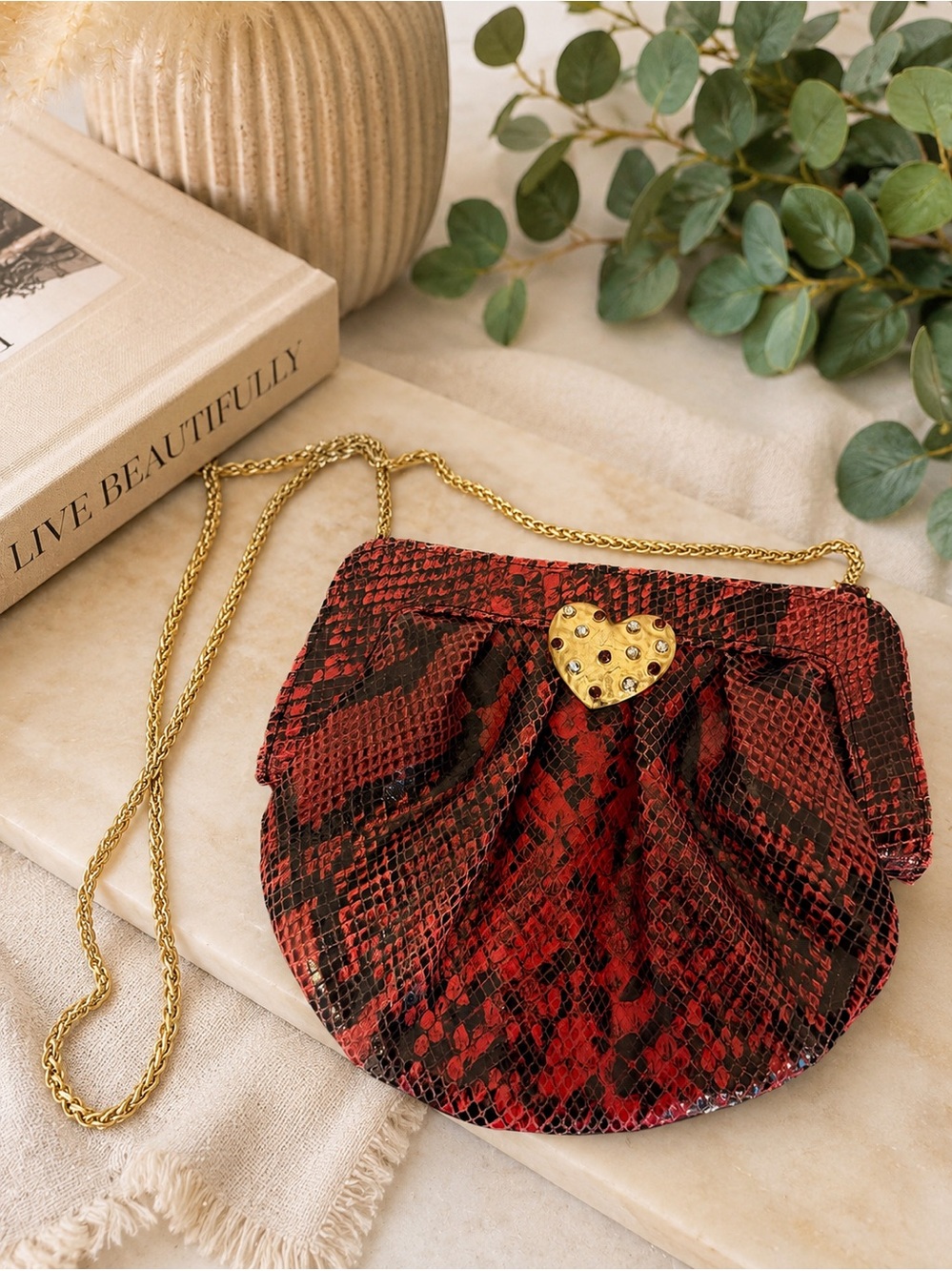 ❤️ Zara Red Snakeskin Crossbody Clutch | Gold Chain & Heart Clasp Purse